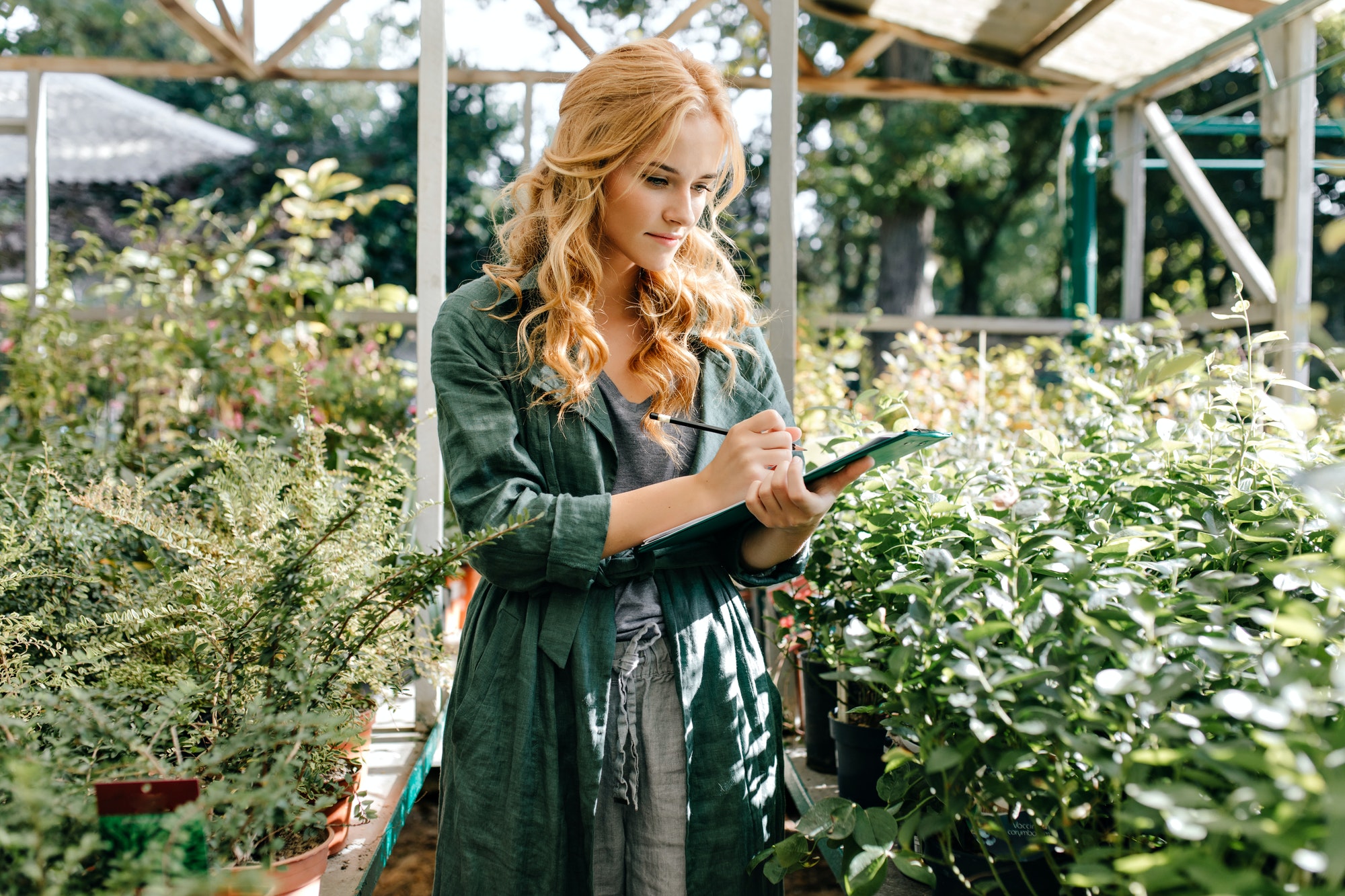 curly girl botanist exploring plants in greenhouse woman in khaki tunic makes notes in tablet